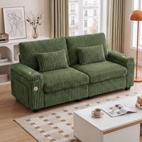 Dyonery - 91" Love Seat Sofa Couch with Storage Armrest and USB Type-C Charging Port, Comfy Corduroy Loveseat Couches. - Green