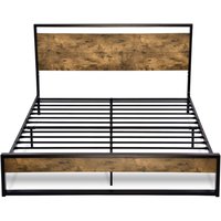 Hivvago - Queen size Metal Wood Platform Bed Frame with Industrial Headboard - Black,Rustic Brown