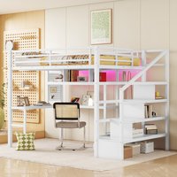 APRILSOUL - Full Size Loft Bed with LED Light and Charge Station Metal Loft Bed with Desk and Staircase Loft bed with Wardrobe White - White
