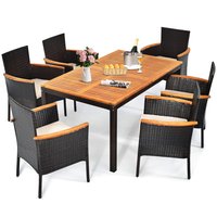 Costway - 7PCS Patio Rattan Dining Set Armrest Cushioned Chair Wooden Tabletop - Brown