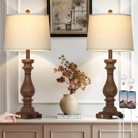 The Best Inks - Table Lamp Lamp Vintage USB Dimmable Tall Farmhouse Living Room Retro Nightstand Lamps with Ports - Brown