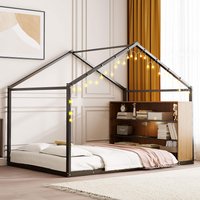GOODSILO - Full Size Metal House Bed Frame with Shelves and Lights - Black