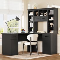 GOODSILO - L-Shaped Computer Desk with Cabinets, Drawers & Shelves, Electrical Outlet for Study, Living Room & Office - Black