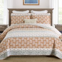 Earthley Blooms - Bedding Set Quilt Cotton Comforter Sets Striped Pattern Bed Lightweight Reversible Bedspreads Machine - 02-5 Terracotta/Grey /White-Cotton-Queen (90"x98"
