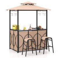 Costway - 3 PCS Patio Bar Set with Tempered Glass Bar Table Metal Storage Shelves for Garden - Brown
