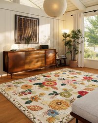 Fabibe - 5'X7' Non-Shedding Stain Resistant Machine Washable Wool Indoor WASHABLE LIVING ROOM AREA BEDROOM BOHO STAIN RESISTANT - Beige Floral 8' x 10' (Rectangular)