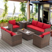 Mondawe - 7-Piece Rattan Storage Seating Set with Coffee Table and Side Table - Brown+Red