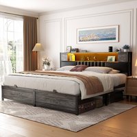 Aheaplus - Modern Bed Frame: Power Outlet & LED Lights, Headboard Storage, Quiet Support - Black Oak