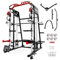 Mikolo - Smith Machine with Aluminum Pulley, 2200 lbs Power Cage, Weight Bar, 360° Landmine,and Other Attachments - Red