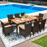 Gymax - 9PCS Rattan Patio Dining Set w/ 8 Stackable Cushioned Chairs Wooden Tabletop - Brown