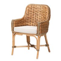 bali & pari - Kyle Modern Bohemian Woven Rattan Dining Arm Chair with Cushion - White/Natural Brown