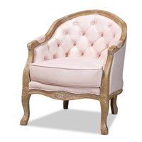 Baxton Studio - Genevieve Traditional French Provincial Pink Velvet Upholstered White-Washed Oak Wood Armchair - Light Pink/Oak