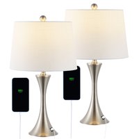 Jonathan Y - Bennett 22.75" Modern Glam Iron Hourglass LED Table Lamp with USB Charging Port, (Set of 2) - Nickel