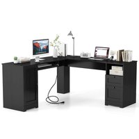 Costway - L-Shaped Corner Computer Desk Writing Table Study Workstation w/ Drawers Storage - Black