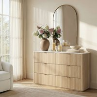 ModernMate - 53.94" Modern 6 Drawers Dresser Faux Travertine Dresser Chest for Bedroom Living Room - Natural Oak