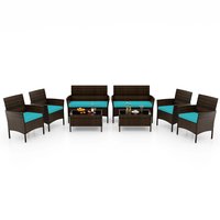 Costway - 8 PCS Patio Furniture Set with Washable Cushions and Tempered Glass Coffee Table - Mix Brown + Turquoise