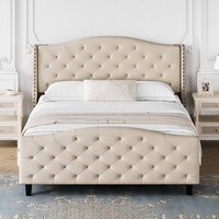 GARVEE - Queen Velvet Upholstered Bed Beige Wingback Headboard Tufted Footboard No Box Spring Easy Assembly - Beige-B