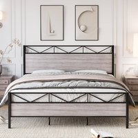 Qeetex - Industrial Metal Platform Bed Frame with Headboard, 14 Slats Support, 11'' Storage, Noise-Free, Easy Assembly - Gray