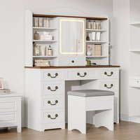 Acekool - Makeup Vanity Desk with Mirror and Lights, Vanity Table with Chair, Vanity Desk with 10 Drawers and 10 Storage Shelves - White