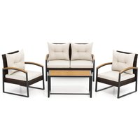 Costway - 4 PCS Patio Conversation Set with Coffee Table Solid Acacia Wood Armrests Tabletop - Mix Brown,Off White