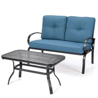 Costway - 2PCS Patio LoveSeat Coffee Table Furniture Set Bench W/ Cushions - Blue