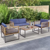Gymax - 4PCS Acacia Wood Patio Conversation Set Outdoor Furniture Set w/ Cushions - Navy