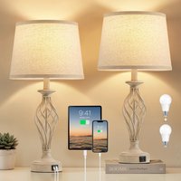 HM 1810 - Table Lamp Bedroom Set USB Ports Modern Bedside Lamps Spiral Cage Base Fabric Shade Nightstand Lamp Table - Beige Base + Light Oat Color Shade