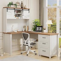 Zell Electronics - 68 Inch White Farmhouse L-Shaped Desk with Hutch, Drawers, File Storage & Charging Port - Unique White