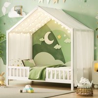 TinyHomie - Twin Size Montessori Floor Bed with Canopy House Shape High Railings Wood Kids Bed White - White