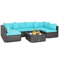 Costway - 7PCS Patio Rattan Furniture Set Sectional Sofa Cushioned - Turquoise