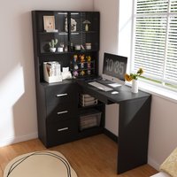 Tiramisubest - Computer Desk with Glass Cabinets & LED Lights,Corner L-Shaped Office Desk with USB Charging Ports,Keyboard Tray - Black