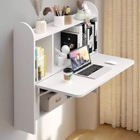 Zell Electronics - Wall-Mounted DeskDrop-Leaf Laptop Table with Shelves for Compact Home Office Spaces - White