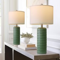 HM 1810 - PoKat Bedside Table Lamp Bedroom Nightstands Ceramic Lamp Living Room Night Stand Light Round Linen FINIAL - Dark Green - 27.5'' Ceramic Lamps