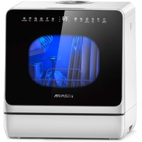 AIRMSEN - Portable Countertop Dishwasher, Salt Chamber, Built-in 5L Tank, 18H Delay & ECO Mode for Apartments & RVs - Black