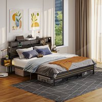 Bestier - King Bed Frame Golden Stripe Headboard LED Nightstands Metal Platform No Box Spring - Black