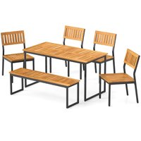 Costway - 6 PCS Outdoor Acacia Wood Dining Set with Bench and 2" Umbrella Hole Outdoor Patio - Beige