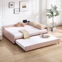 OLOEY - Fashion Upholstered Daybed with Trundle sturdy wooden bed frame modern diamond grid design for Bedroom Guest Room - Pink