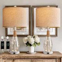 HM 1810 - OYEARS USB Table Lamp Set Modern Bedside Lamps Retro Farmhouse Rattan Glass Nightstand Nightlight Lamps - White-Set of 2
