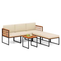 Costway - 6 PCS Acacia Wood Patio Furniture Set Outdoor Sectional Conversation Sofa Set - Natural + Black + Beige