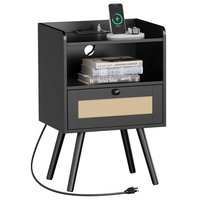 PO3TICJUNKI3 - Nightstands Set Of 2 Night Stands With Charging Station & Pe Rattan Decor Drawer Bed Side Tables Solid Wood - Black