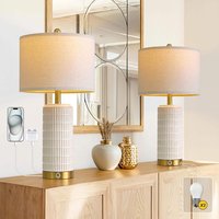 The Best Inks - White gold lamp table lamp Touch USB Dimmable Ceramic Bedside Lamps with Ports Bedroom Nightstand Living - Beige and White