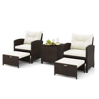 Costway - 5 Piece Patio Rattan Furniture with 2 Ottomans & Tempered Glass Coffee Table - Off White + Mix Brown