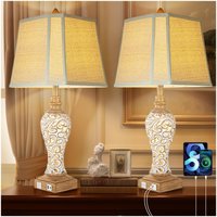 HM 1810 - High Vintage Table Lamp Set Living Room Farmhouse Bedside Lamp Fabric Shades Boho Nightstand Lamp USB - Cream+Brown-Set of 2 28.5 inch