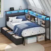 Furnulem - Corner Bed Frame with 3 Drawers and Storage Bookcase Daybed with Charging Station and LED Lights - Gray