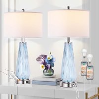 APRILSOUL - Table Lamp Set of 2 Touch Control 27in Tall Faded Swirl Blue Gray Art Glass Bedside Lamp with USB Ports 3 Way Dimmable