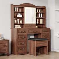 Acekool - Makeup Vanity Desk with Mirror and Lights, Vanity Table with Chair, Vanity Desk with 10 Drawers and 10 Storage Shelves - Brown