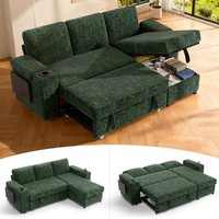 Dyonery - 85" Modular 3 Seat L Shaped Couch with Reclining Backrest|USB Ports|Cup Holders|Side Table|Storage Chaise Armrests - Green