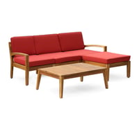 Grenada 5pc Acacia Sectional Sofa Set - Teak/Red - Christopher Knight Home: Weather-Resistant Outdoor Conversation Set with Coffee Table