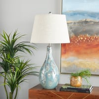 Ceramic Table Lamp with Drum Shade Set of 2 Turquoise - Olivia & May: Indoor Coastal Style, Toggle Switch, Linen Shade
