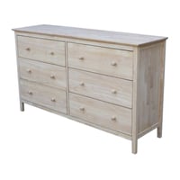Dresser with 6 Drawers Unfinished - International Concepts: Solid Parawood Bedroom Storage